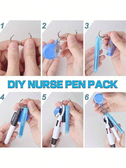 4Pcs/Set Nurse Pen Set Nurse Pens For Badge Set,Include 1 Tip Highlighter 1 Permanent Marker Pen 1 Retractable Ballpoint Pen 1 Nurse Badge Clip Retractable ID Name Reel