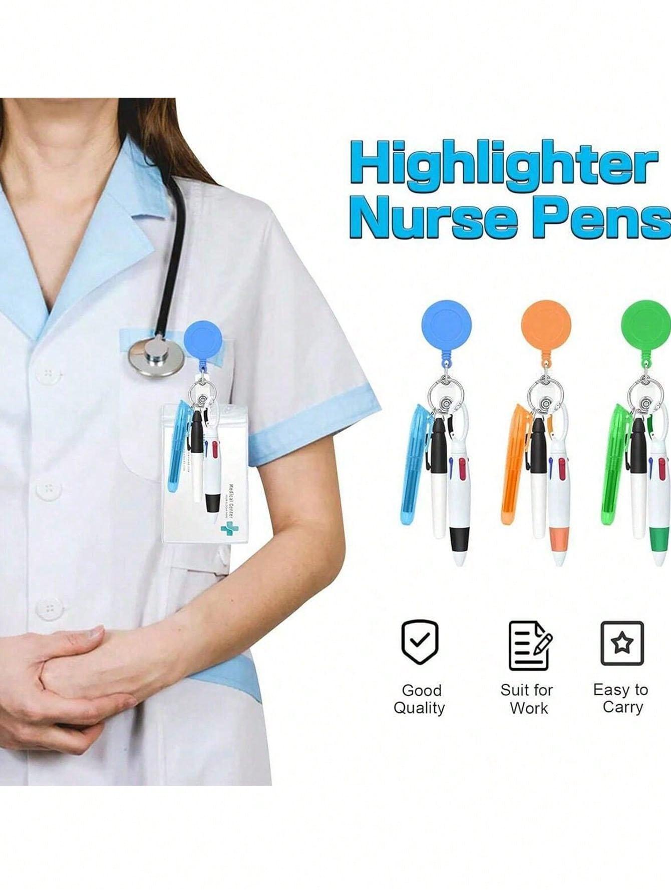 4Pcs/Set Nurse Pen Set Nurse Pens For Badge Set,Include 1 Tip Highlighter 1 Permanent Marker Pen 1 Retractable Ballpoint Pen 1 Nurse Badge Clip Retractable ID Name Reel