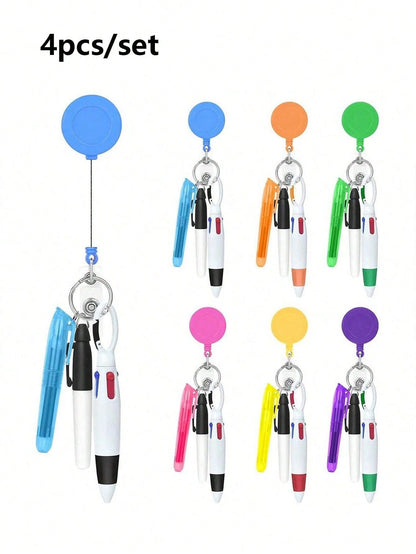 4Pcs/Set Nurse Pen Set Nurse Pens For Badge Set,Include 1 Tip Highlighter 1 Permanent Marker Pen 1 Retractable Ballpoint Pen 1 Nurse Badge Clip Retractable ID Name Reel