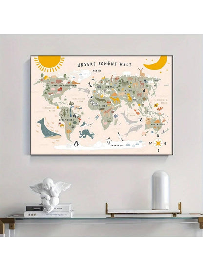 1pc Wonderful World Animals Map Canvas Print - Wall Art For Living Room, Bedroom, Office Decoration