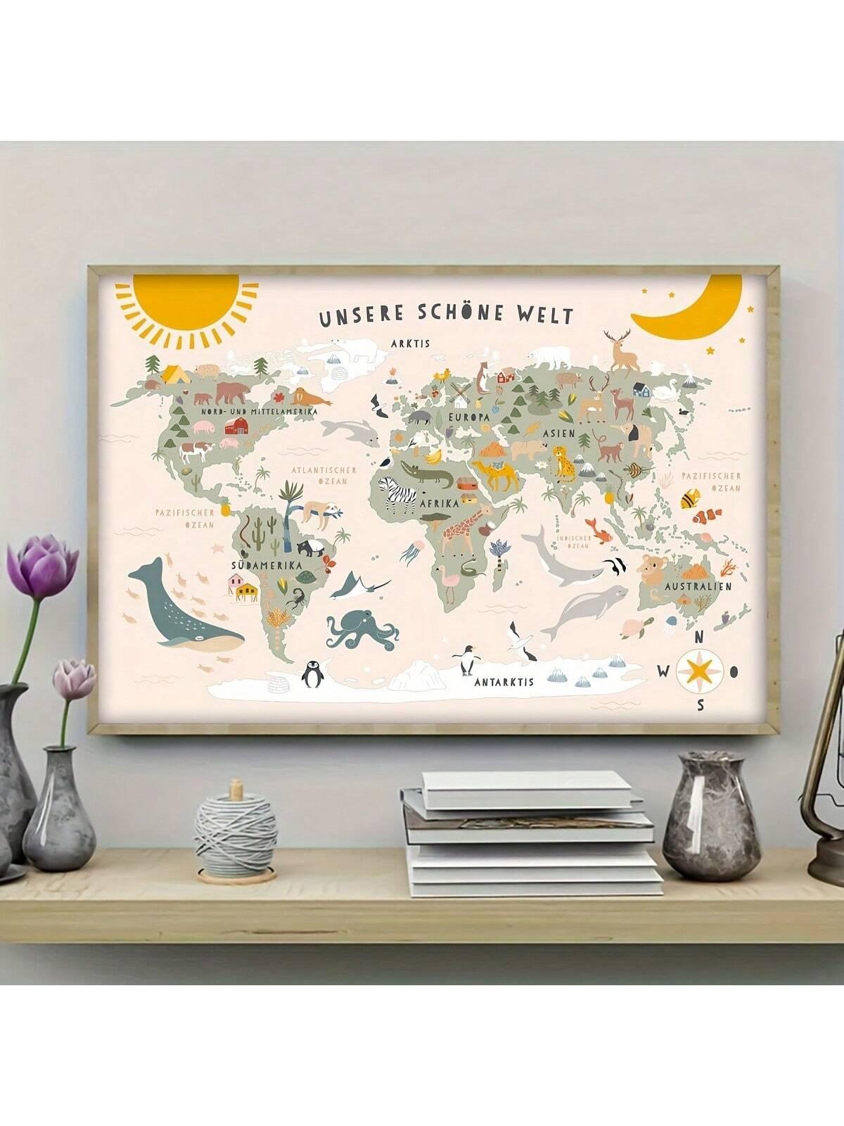 1pc Wonderful World Animals Map Canvas Print - Wall Art For Living Room, Bedroom, Office Decoration