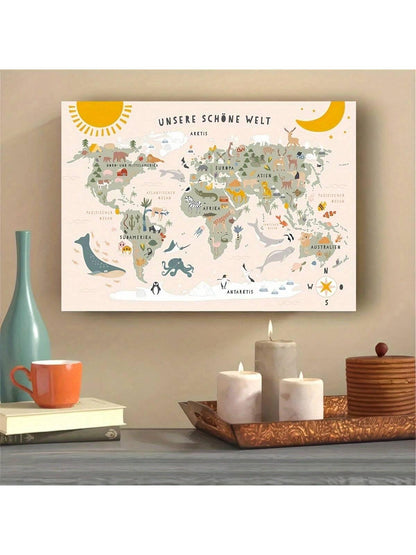 1pc Wonderful World Animals Map Canvas Print - Wall Art For Living Room, Bedroom, Office Decoration