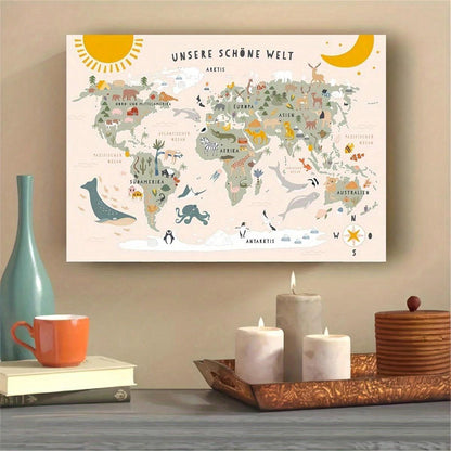 1pc Wonderful World Animals Map Canvas Print - Wall Art For Living Room, Bedroom, Office Decoration