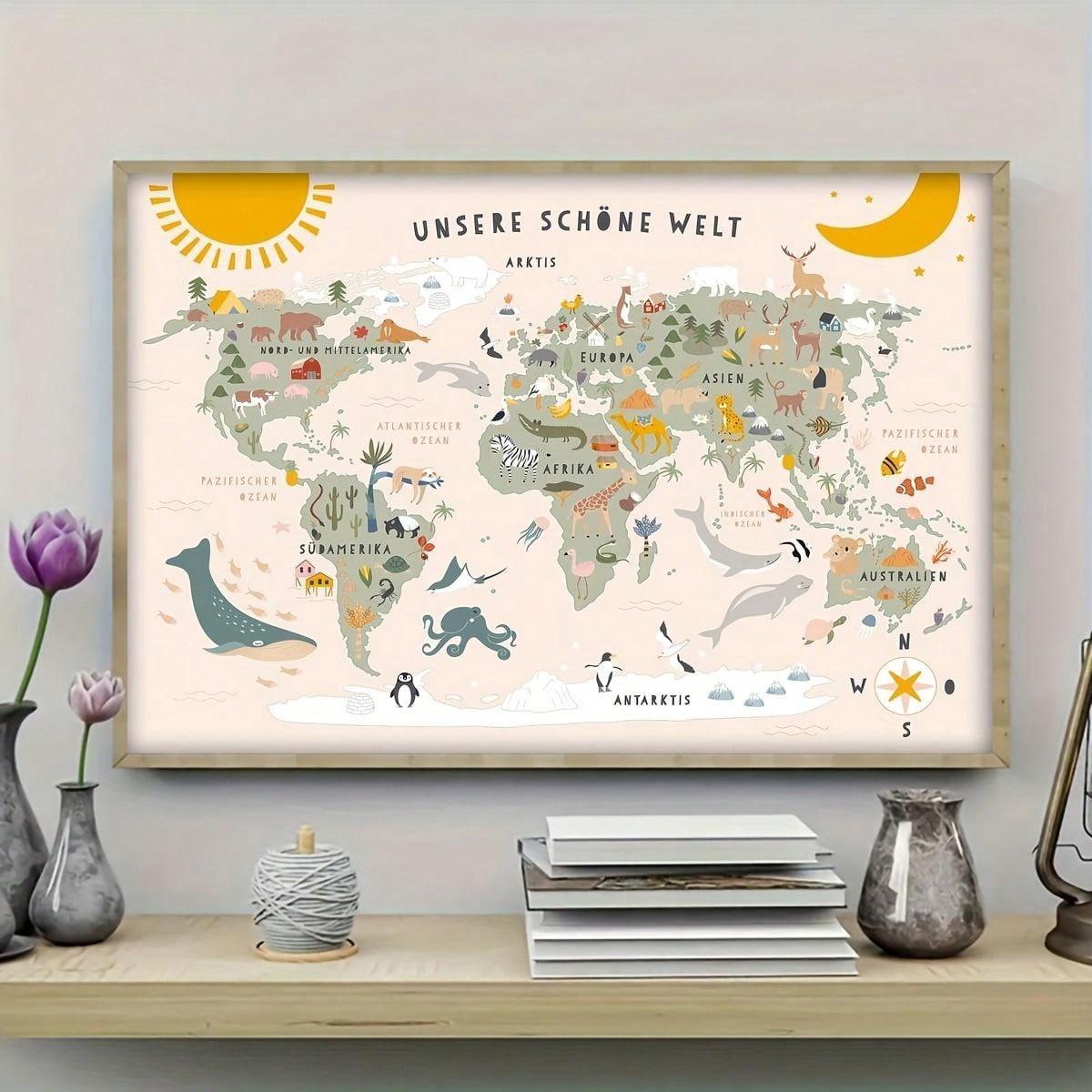 1pc Wonderful World Animals Map Canvas Print - Wall Art For Living Room, Bedroom, Office Decoration