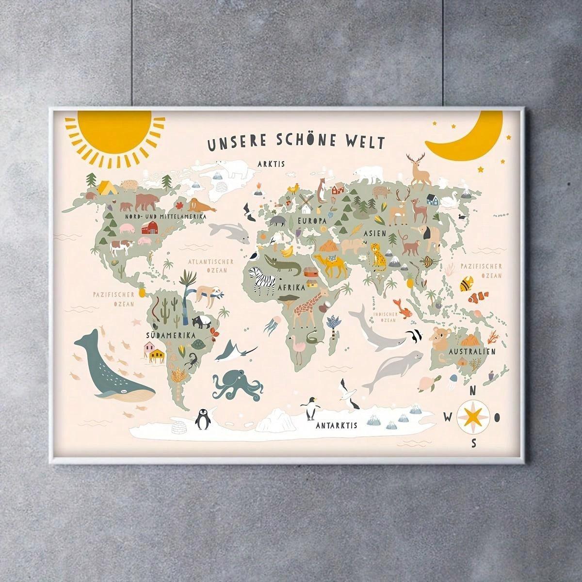 1pc Wonderful World Animals Map Canvas Print - Wall Art For Living Room, Bedroom, Office Decoration