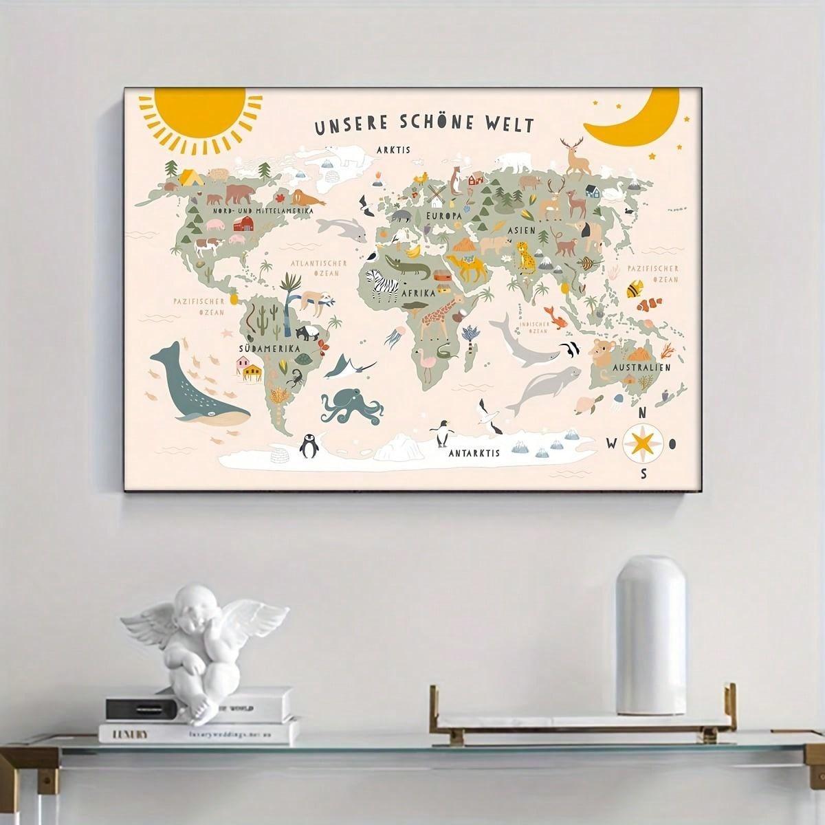 1pc Wonderful World Animals Map Canvas Print - Wall Art For Living Room, Bedroom, Office Decoration