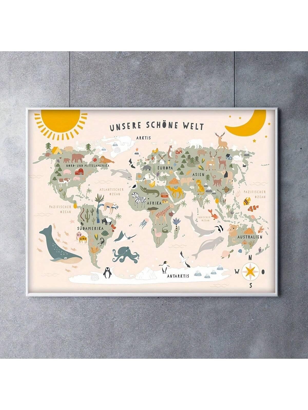 1pc Wonderful World Animals Map Canvas Print - Wall Art For Living Room, Bedroom, Office Decoration