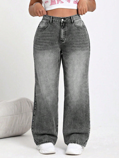 SHEIN EZwear Plus Size Washed Faded Simple Everyday Denim Jeans, For Thanksgiving