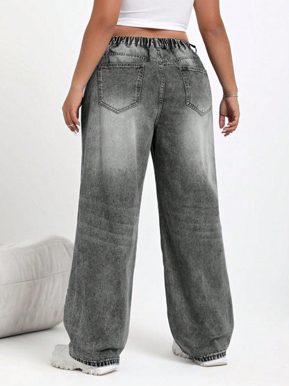 SHEIN EZwear Plus Size Washed Faded Simple Everyday Denim Jeans, For Thanksgiving