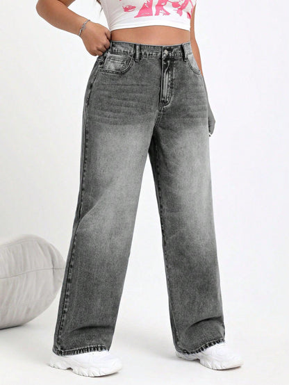 SHEIN EZwear Plus Size Washed Faded Simple Everyday Denim Jeans, For Thanksgiving