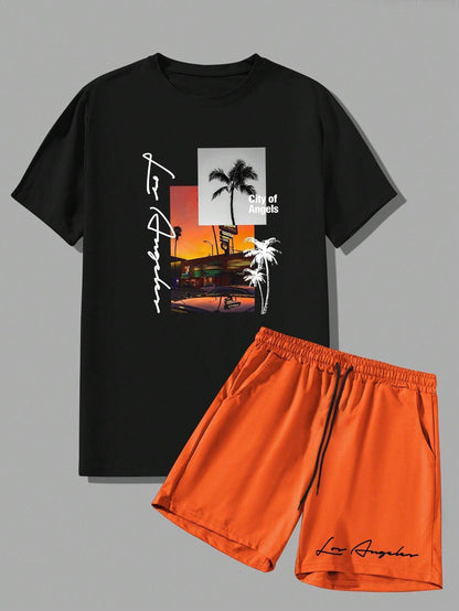 Manfinity Homme Men's Coconut Tree Print Short Sleeve T-Shirt Set