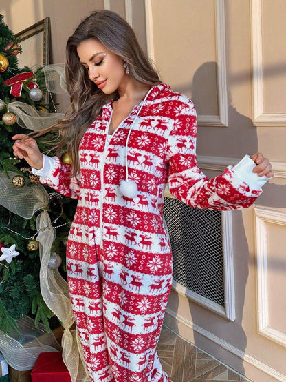 Thick Christmas Print Hooded Jumpsuit Pajamas For Women, Autumn/Winter