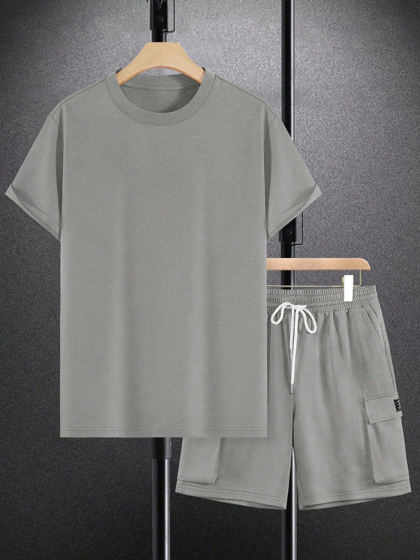 Manfinity Homme Men's Summer Solid Color Round Neck Short Sleeve Casual T-Shirt And Drawstring Waist Utility Shorts Set