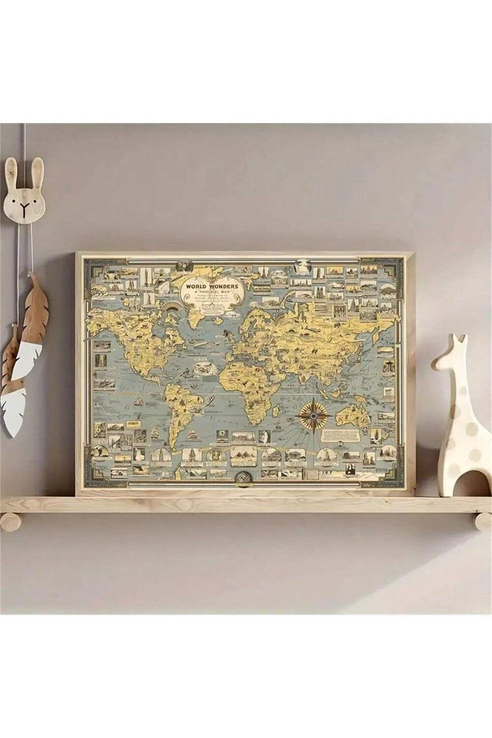 Vintage World Landmarks Canvas Art Print - Frameless Retro Map Poster For Bedroom