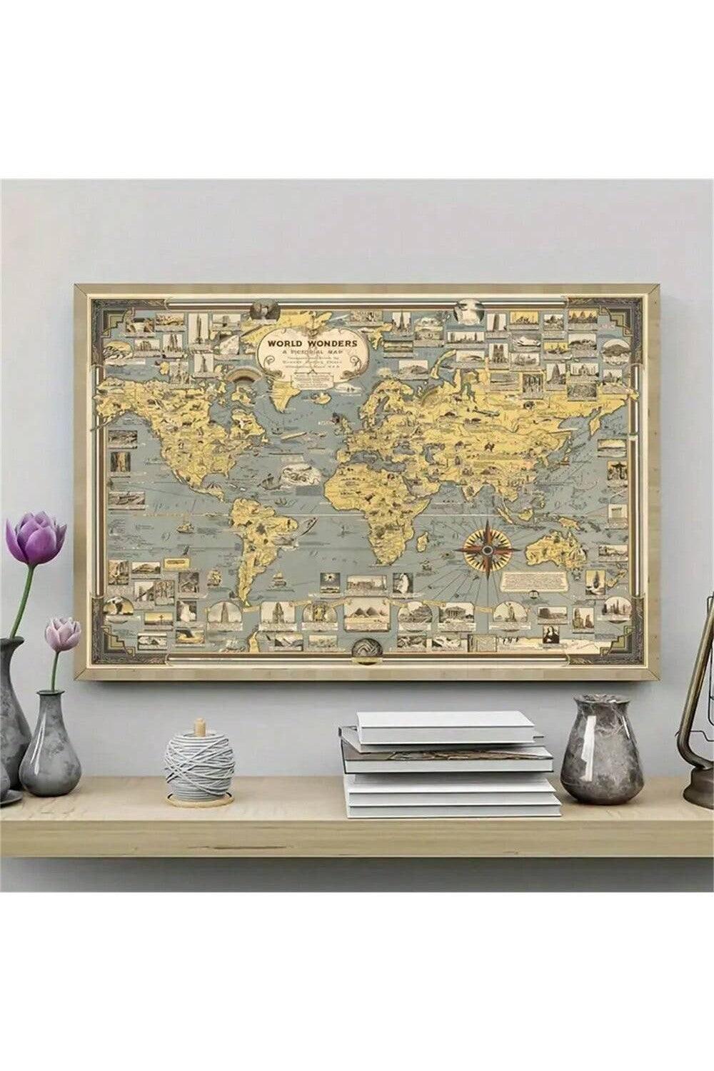 Vintage World Landmarks Canvas Art Print - Frameless Retro Map Poster For Bedroom