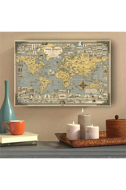 Vintage World Landmarks Canvas Art Print - Frameless Retro Map Poster For Bedroom