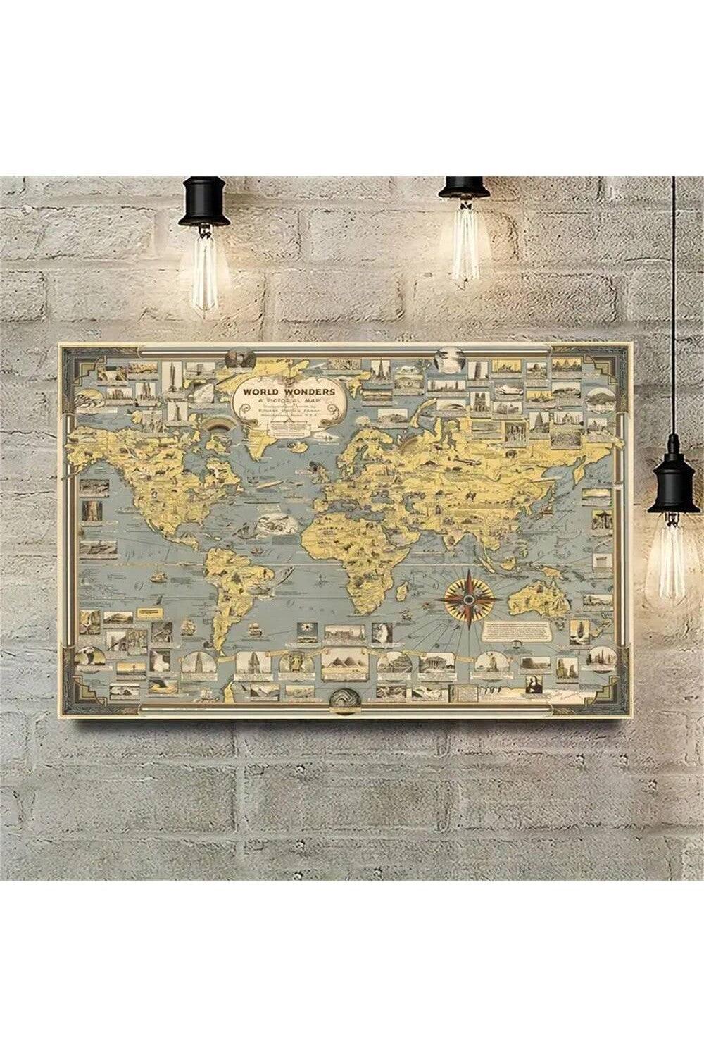 Vintage World Landmarks Canvas Art Print - Frameless Retro Map Poster For Bedroom