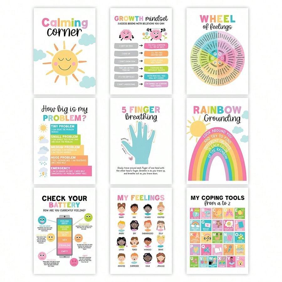 BAEMEFLE 9Pcs/1Pc Calming Corner Posters For Teachers, Emotion And Feelings Educational Charts, Growth Mindset