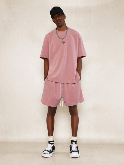 SUMWON Regular Fit Short Sleeve Textured Tee With Small Embroidery And Short With Drawstring 2 Piece Set