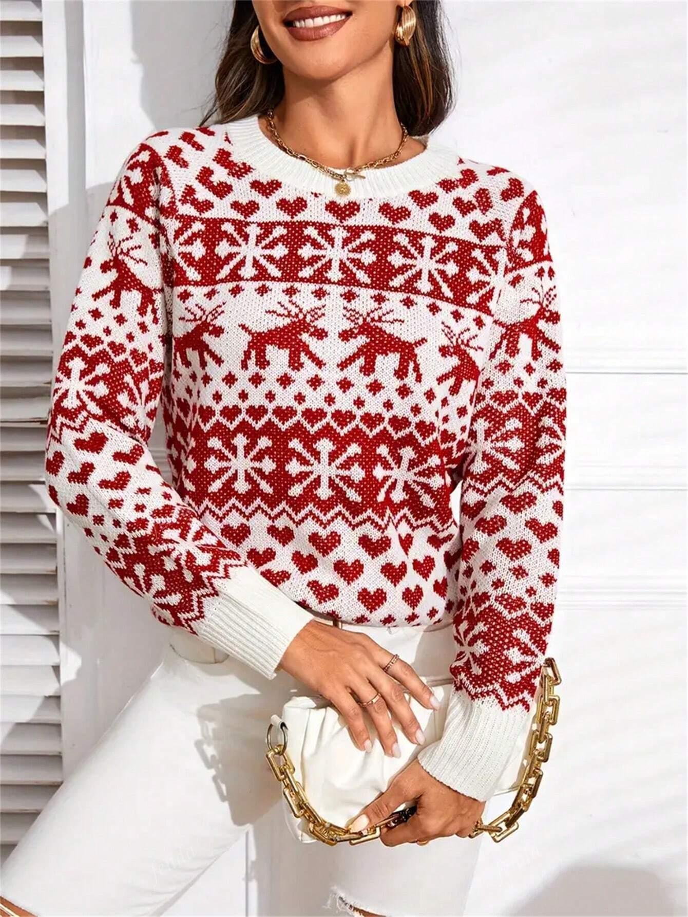 Christmas Round Neck Pullover Sweater, Casual Long Sleeve Raglan Sleeve Sweater For Women