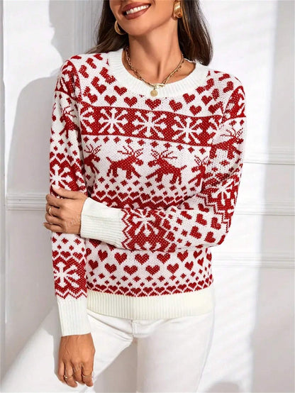 Christmas Round Neck Pullover Sweater, Casual Long Sleeve Raglan Sleeve Sweater For Women