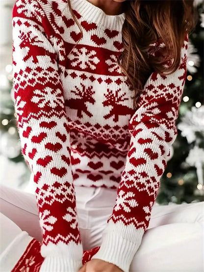 Christmas Round Neck Pullover Sweater, Casual Long Sleeve Raglan Sleeve Sweater For Women