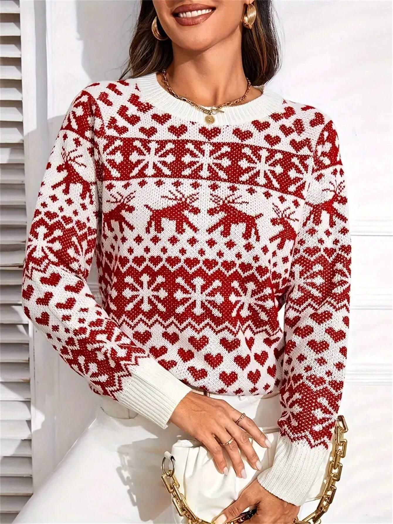 Christmas Round Neck Pullover Sweater, Casual Long Sleeve Raglan Sleeve Sweater For Women