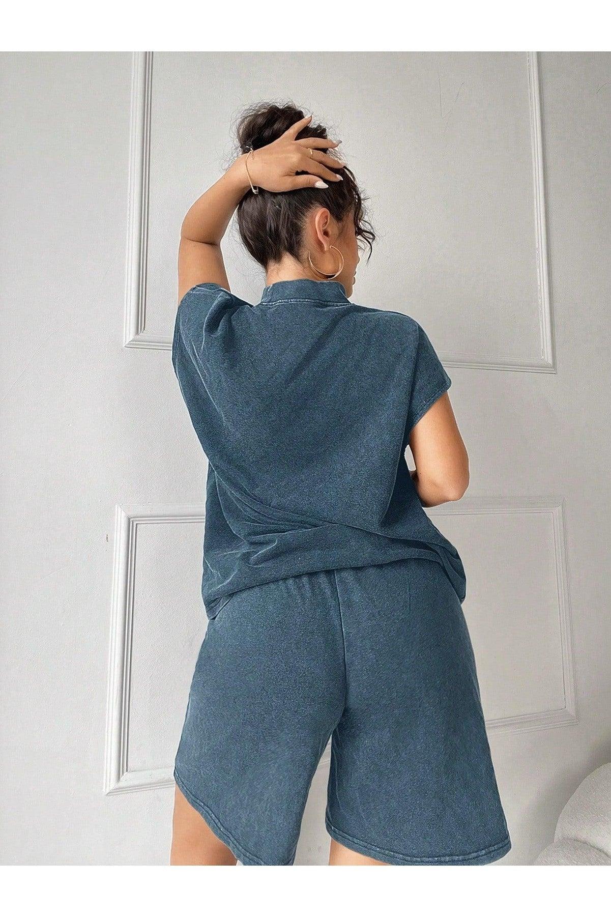 SHEIN SXY 2pcs Set: Distressed Linen Turndown Collar Drop Shoulder T-Shirt