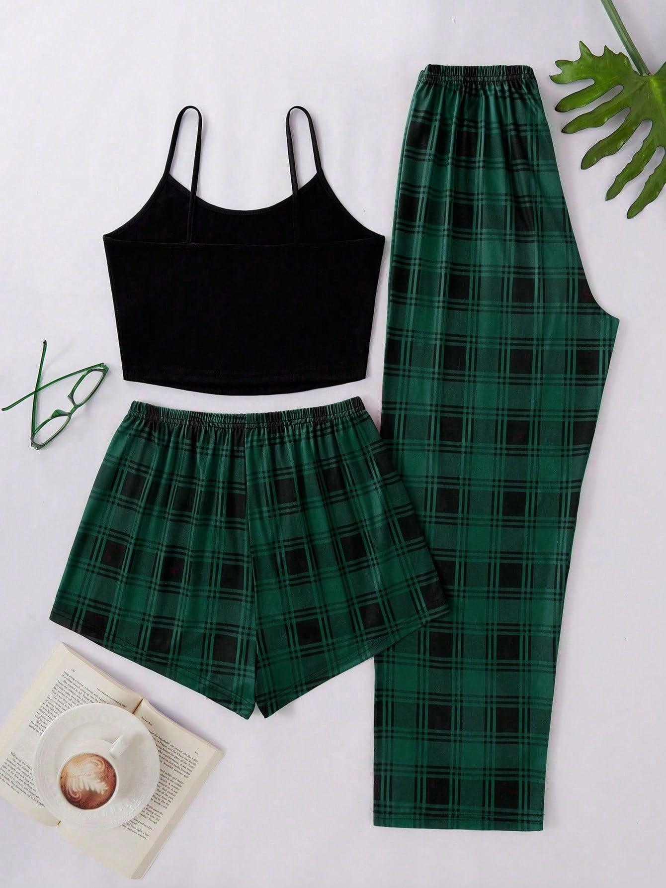 3pcs Women Solid Color Camisole Top, Plaid Print Pants And Shorts Pajama Set