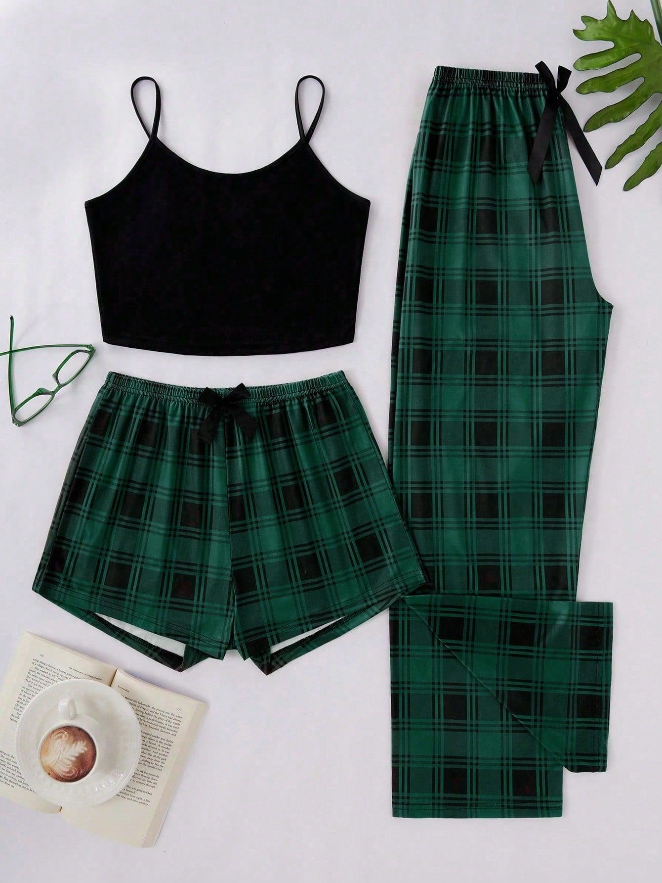 3pcs Women Solid Color Camisole Top, Plaid Print Pants And Shorts Pajama Set