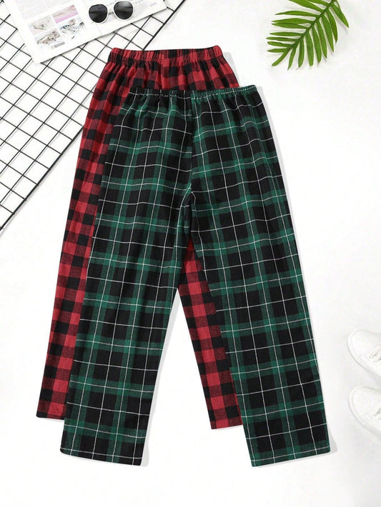 Men's Comfortable Elastic Waist Plaid Pants, Home Wear, Autumn