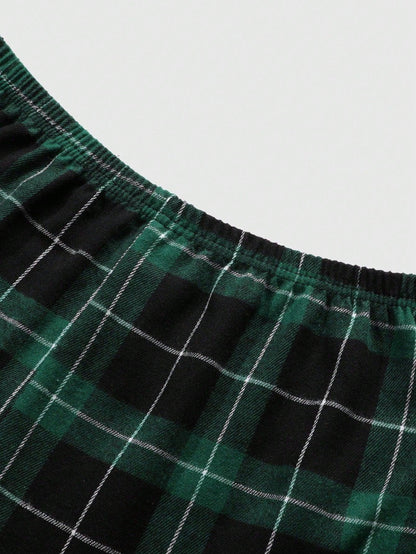 Men's Comfortable Elastic Waist Plaid Pants, Home Wear, Autumn