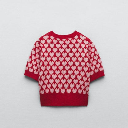 Sweet Red Heart-shaped Round Neck Sweater - HEPSIBAH SHOP