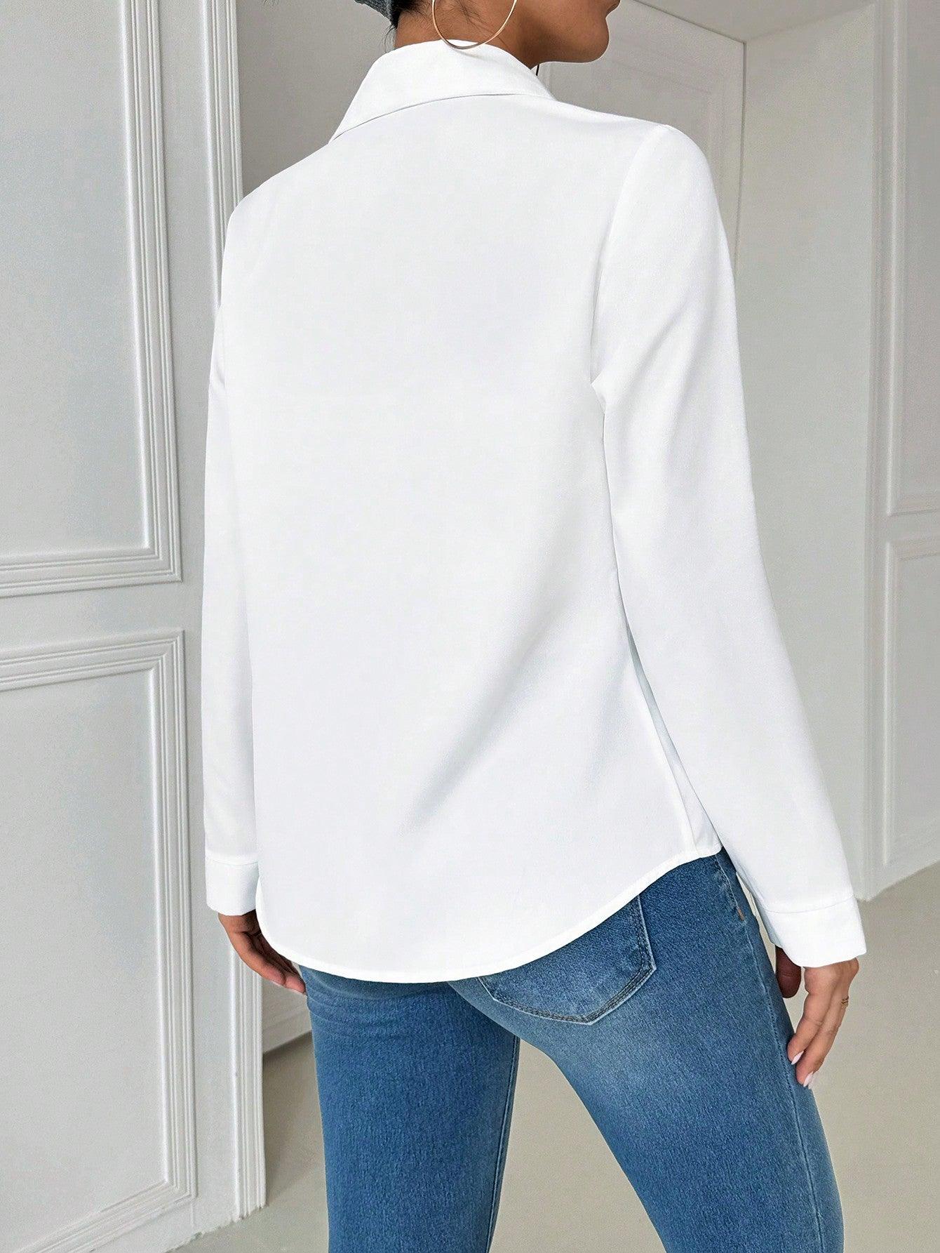 SHEIN Essnce Casual Collared Pocket Fitted White Long Sleeve Women Blouse