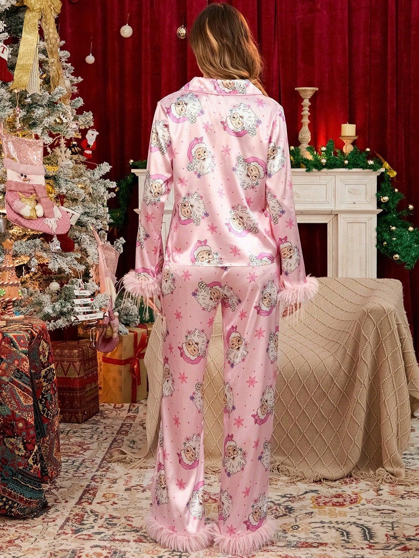 Women Christmas Satin Pajamas Set Santa Print Feather Trim Long Sleeve Button Down Shirts Tops And Wide Leg Pants Sets Fall Winter Sleepwear Nightwear Loungewear Xmas Holiday Two Pieces Pjs Matching Outfits Sets