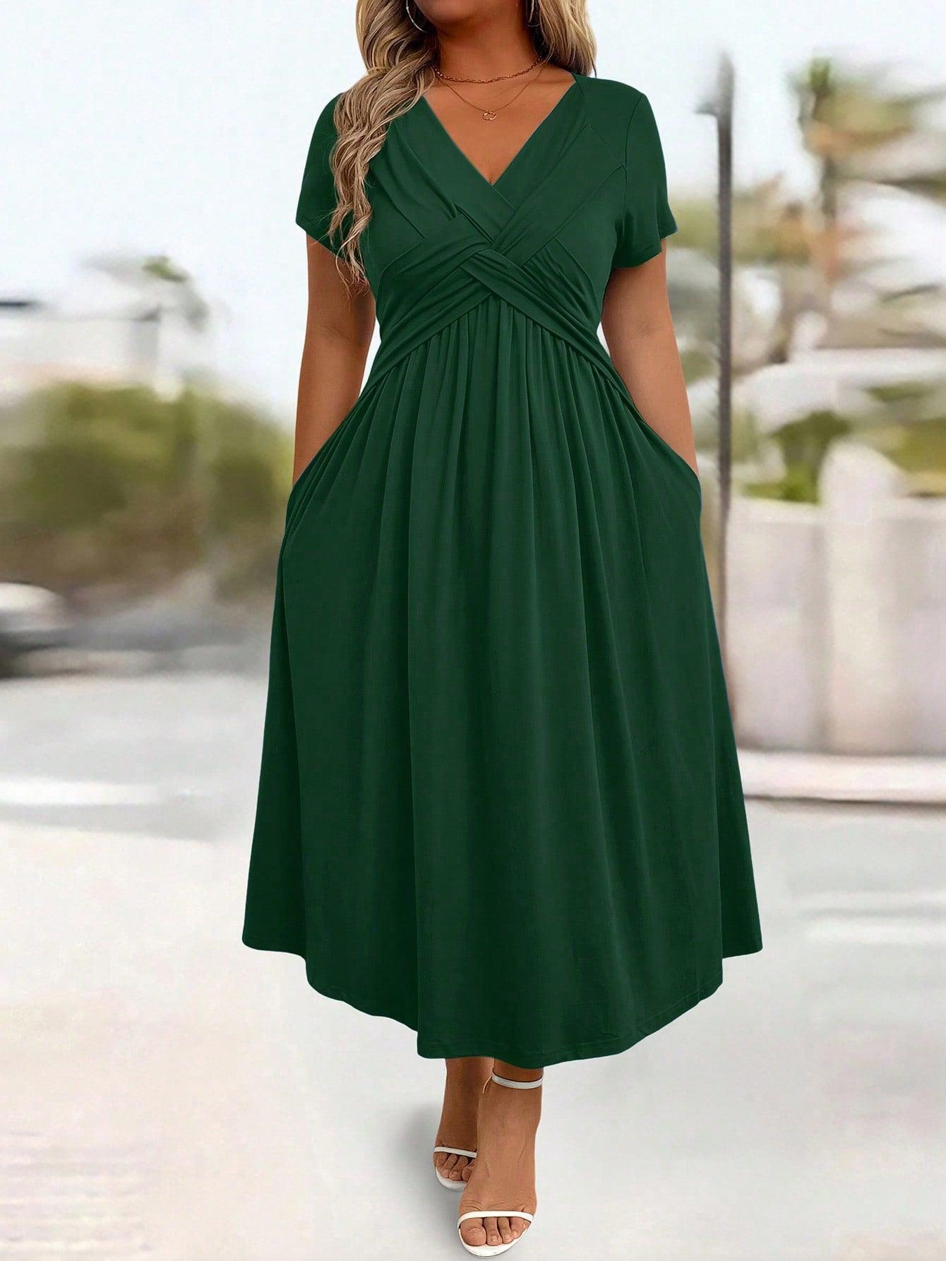 Plus Size Ruched Pocket Long Casual Dress