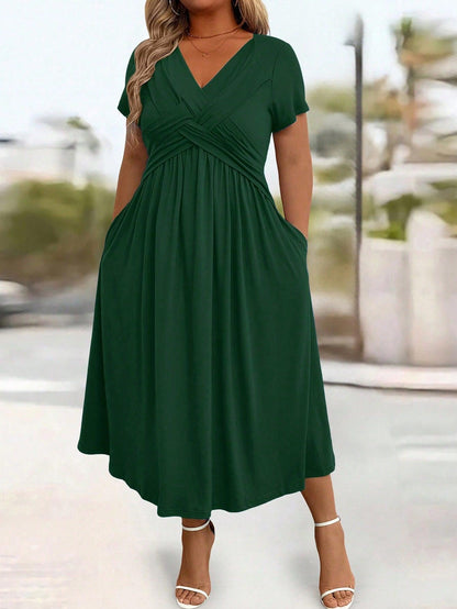 Plus Size Ruched Pocket Long Casual Dress