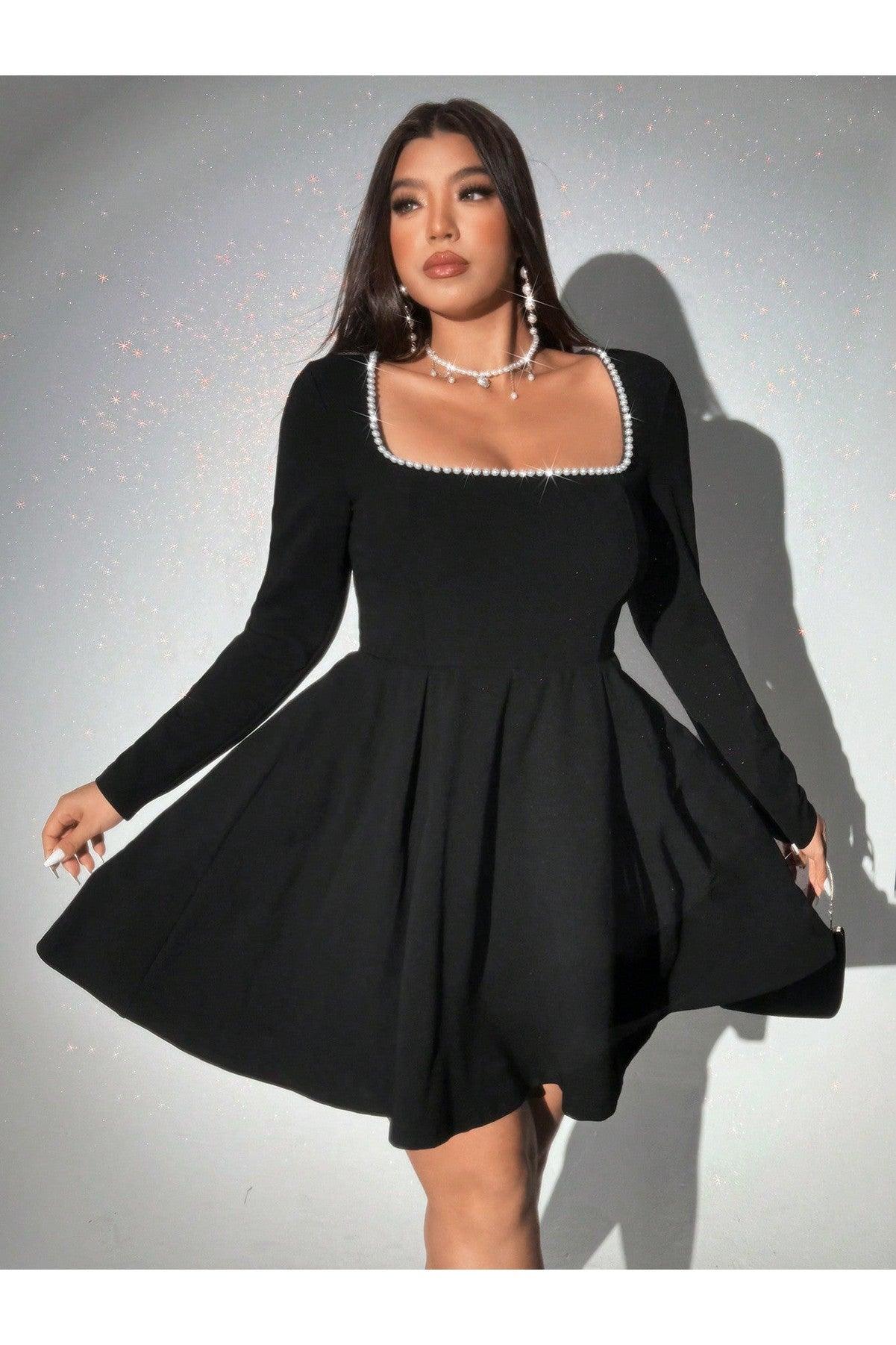 Plus Size Pearl Embellished Square Neck Elegant Dress