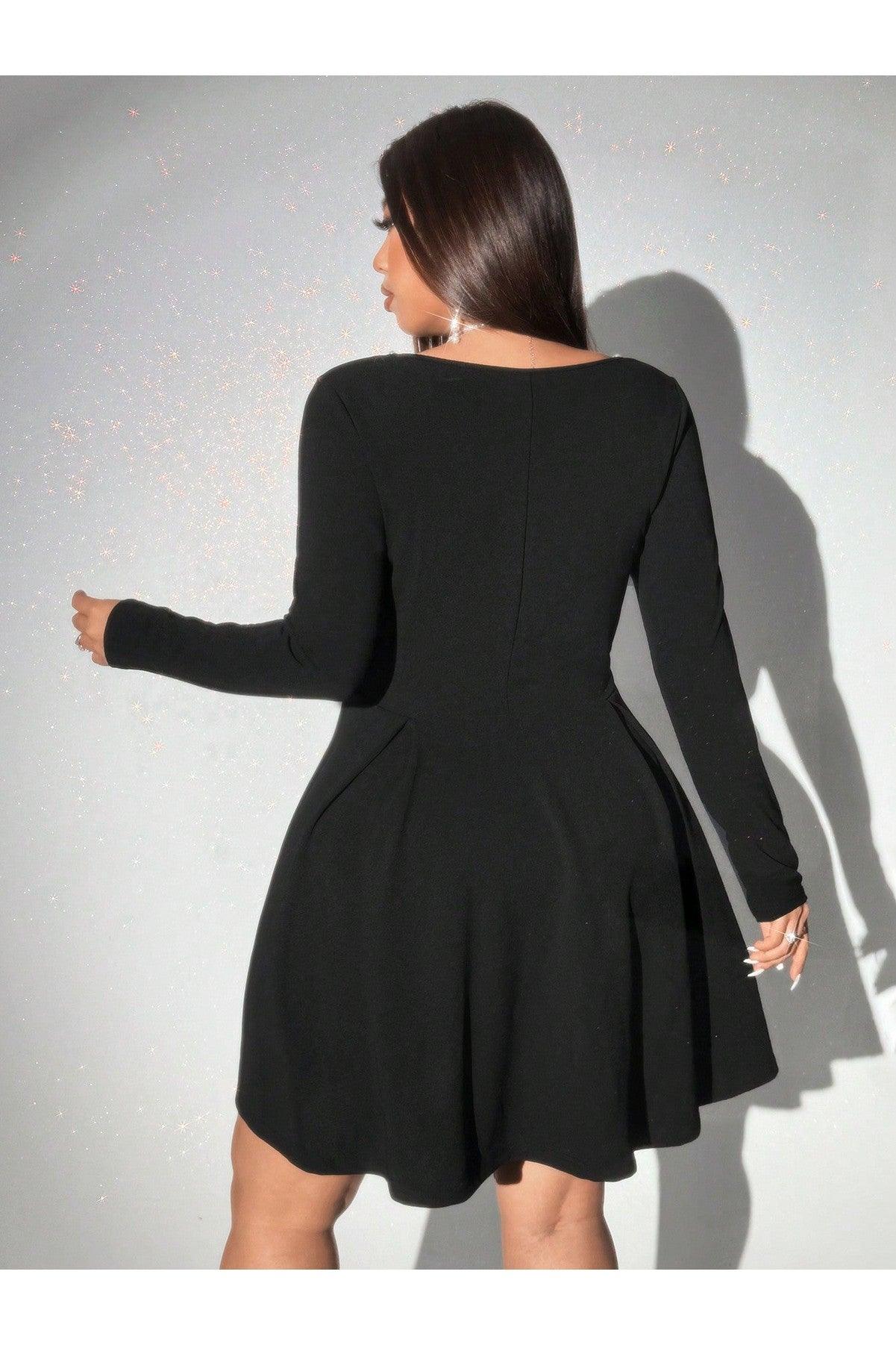 Plus Size Pearl Embellished Square Neck Elegant Dress