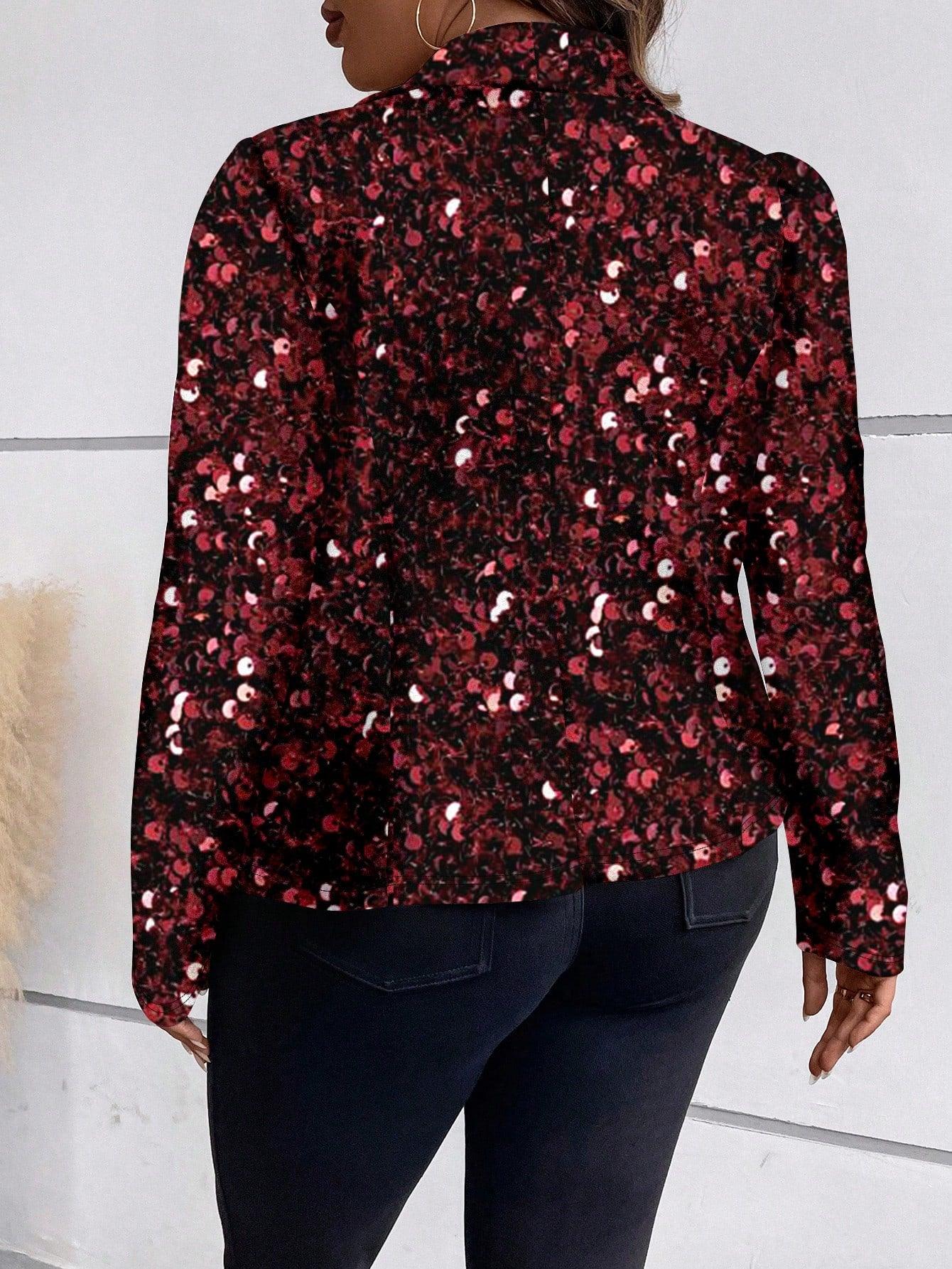 SHEIN Clasi Plus Size Women Autumn Sequin Collar Long Sleeve Blazer Jacket, For Christmas