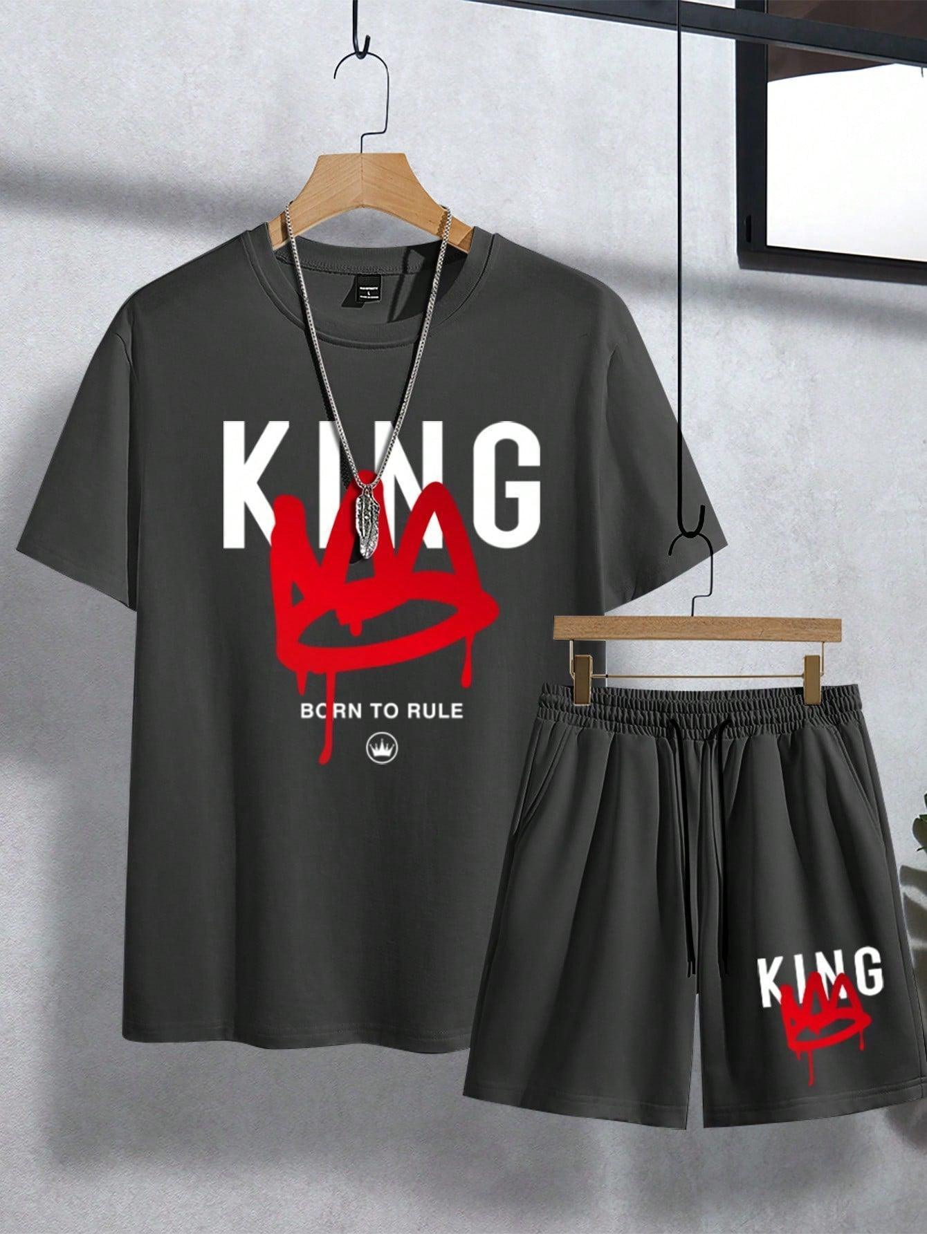 Manfinity Homme Men Letter Print Round Neck Short Sleeve Casual T-Shirt And Drawstring Waist Shorts Set