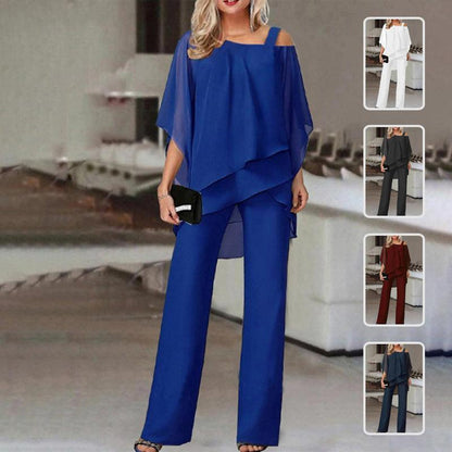 Solid Loose Irregular Suits Batwing Sleeve Top And Straight Trousers Outfits Womens Clothing - HEPSIBAH SHOP