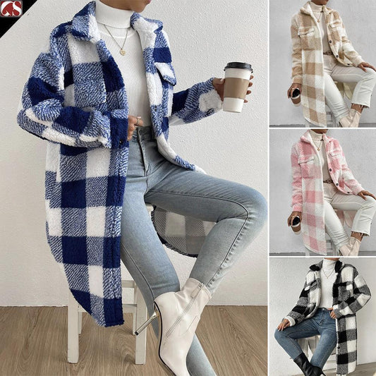 Button Lapel Plush Plaid Coat Loose - HEPSIBAH SHOP