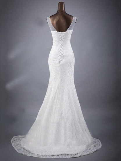 Lace slim & thin double shoulder tail wedding dress - HEPSIBAH SHOP