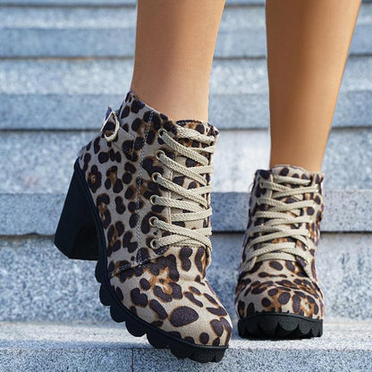 Fashoin Leopard Print Ankle Boots Winter Square Heel Suede Lace-up Zip Boots Women Casual Versatile Shoes Autumn And Winter - HEPSIBAH SHOP