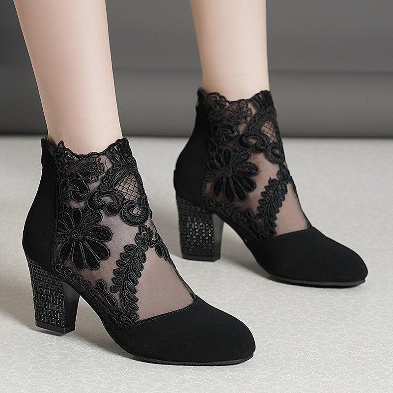 Women's Lace Mesh Chunky Heel Sandals - HEPSIBAH SHOP