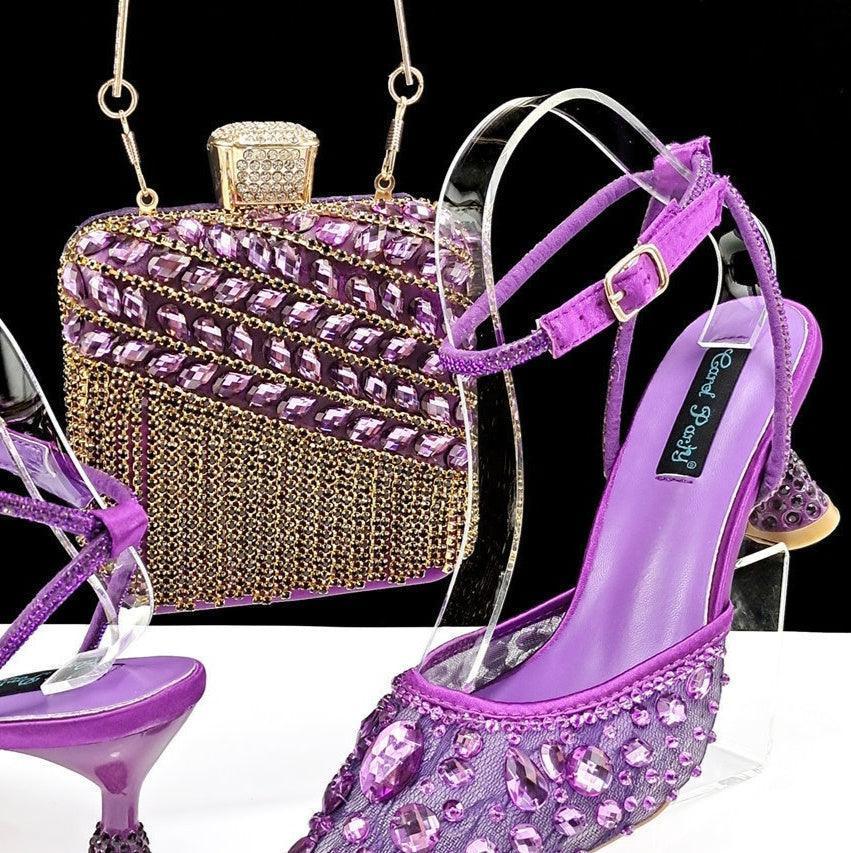 Large Rhinestone High Heel Sandals Three-dimensional Tassel Handbag Set - HEPSIBAH SHOP