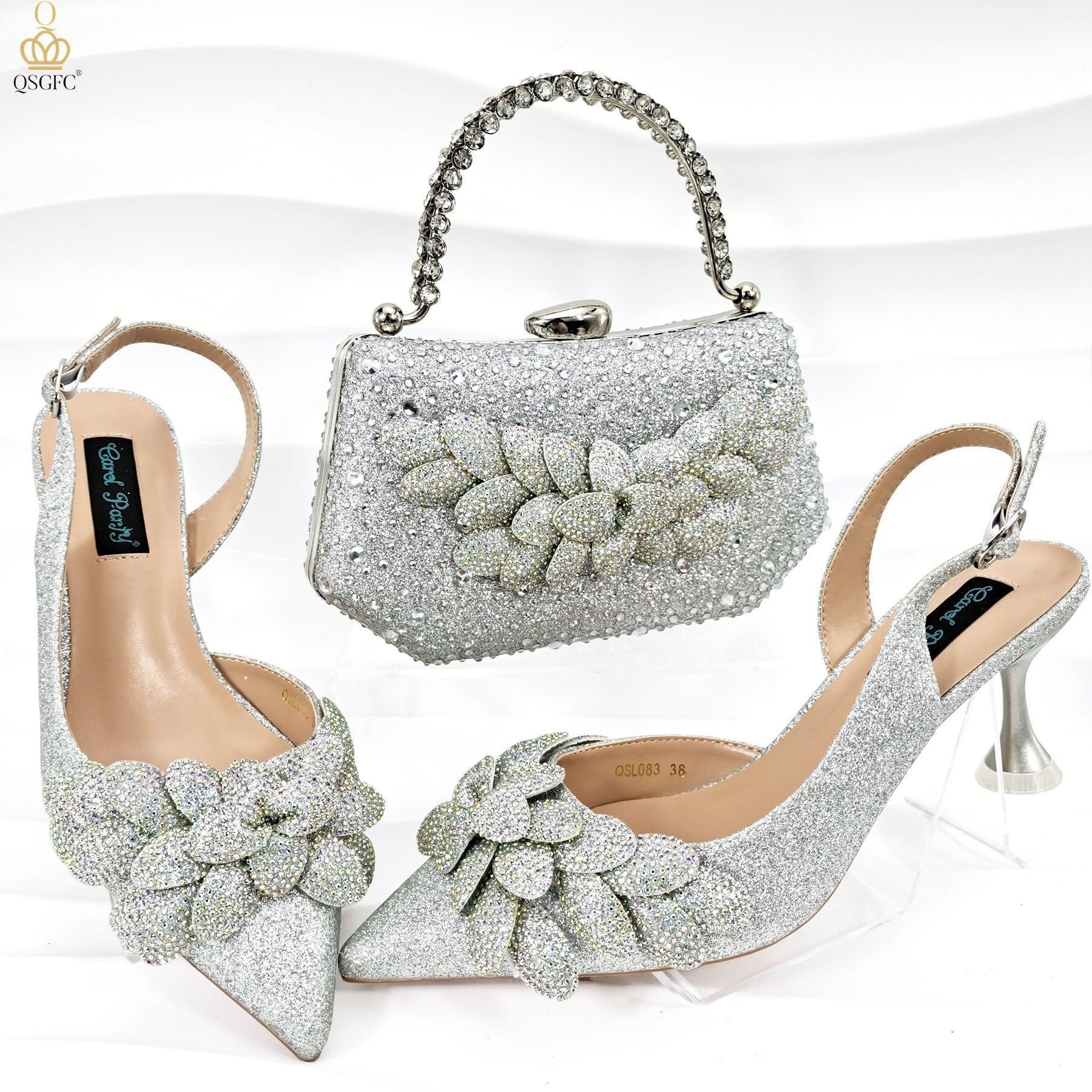 Cross-border Ladies Party Shoes Bag Set Handmade Leaf Decorative Wine Glass Heel - HEPSIBAH SHOP