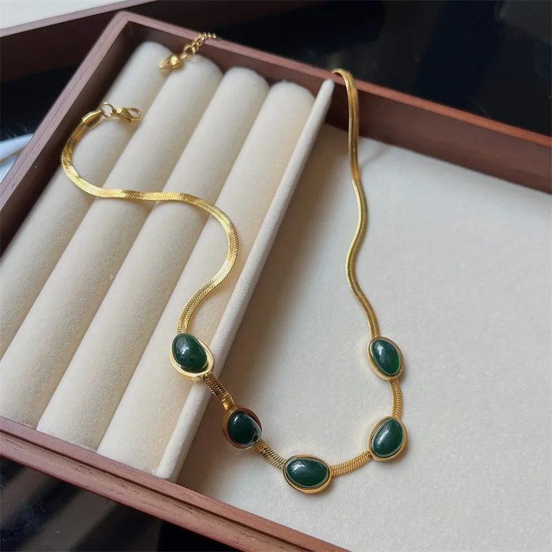 Fashion Jewelry Green Stone Crystal Snake Chain Necklace - HEPSIBAH SHOP