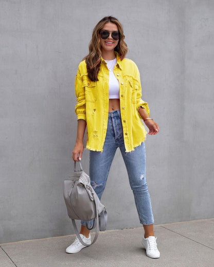 Fashion Ripped Shirt Jacket Female Autumn And Spring Casual Tops Womens Clothing - HEPSIBAH SHOP